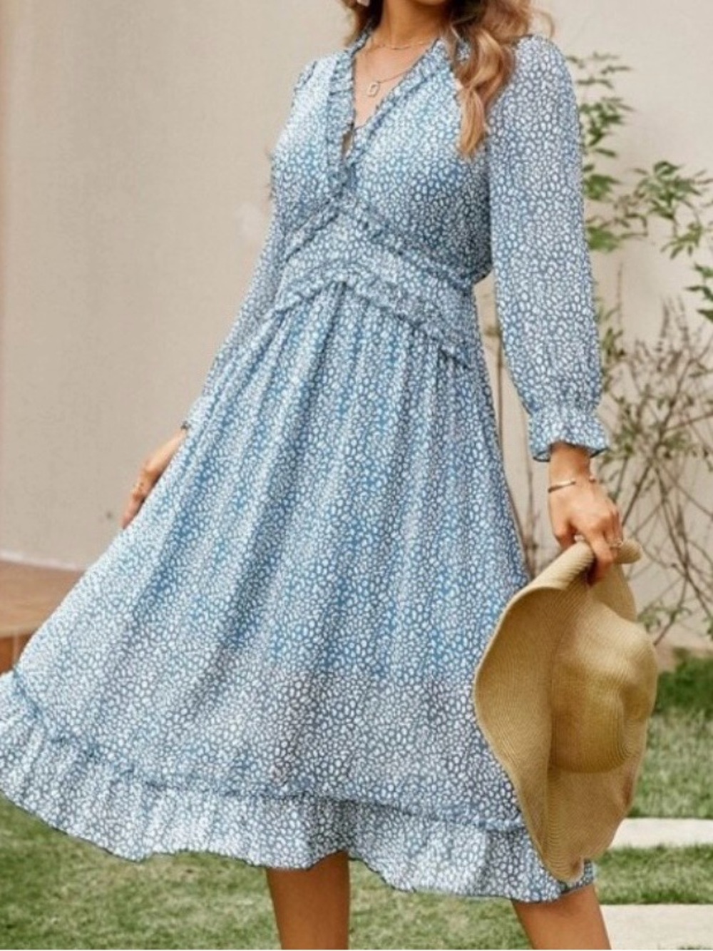 Simple Light Blue Floral Long Sleeve Midi Dress